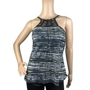 Free Country Black Striped Built-in Bra Spaghetti Strap Tankini Swim Top Size S